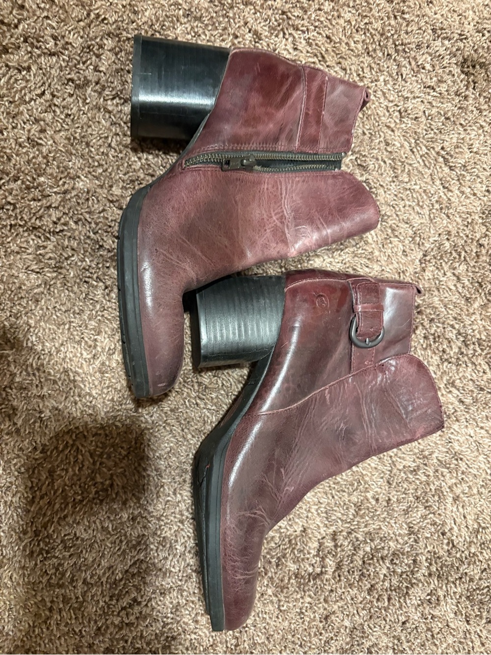 Born Women's Burgundy Leather Ankle Boots with Block Heel
